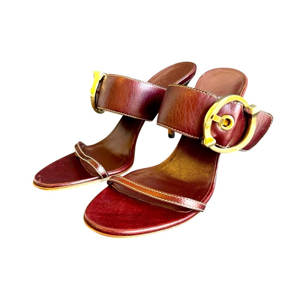GUCCI‎ High Heels Open Toe Sandals Shoes Maroon Merlot Leather Horsebit Buckle 8